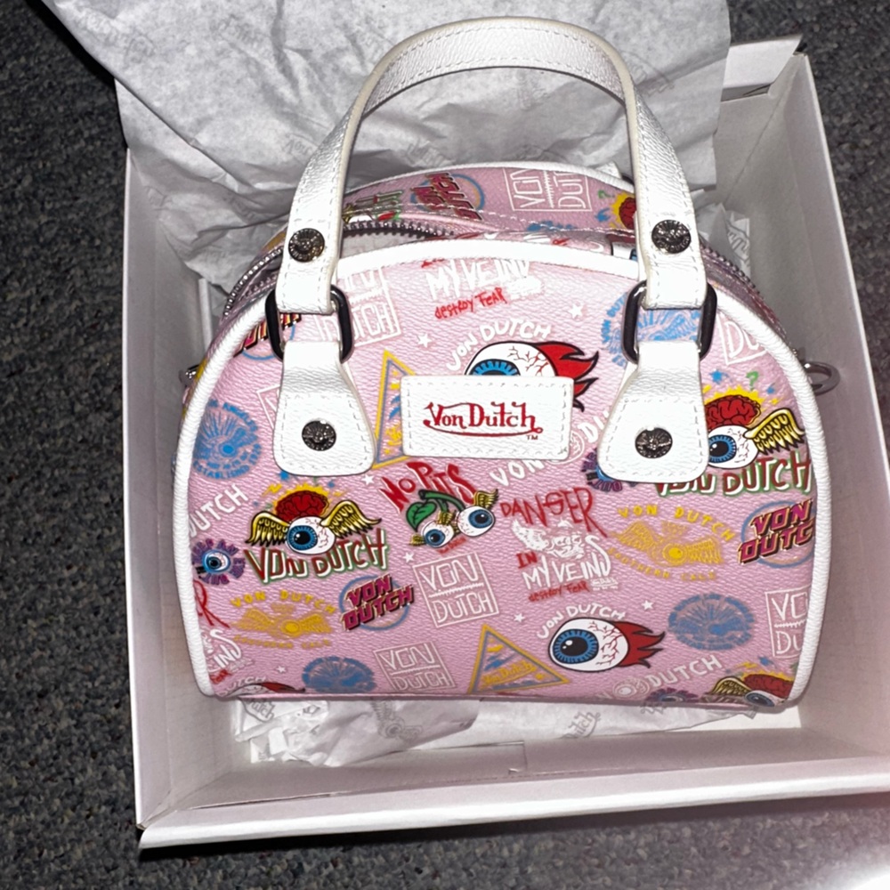 Von Dutch Pink and White Graphic Cosmetic Bag